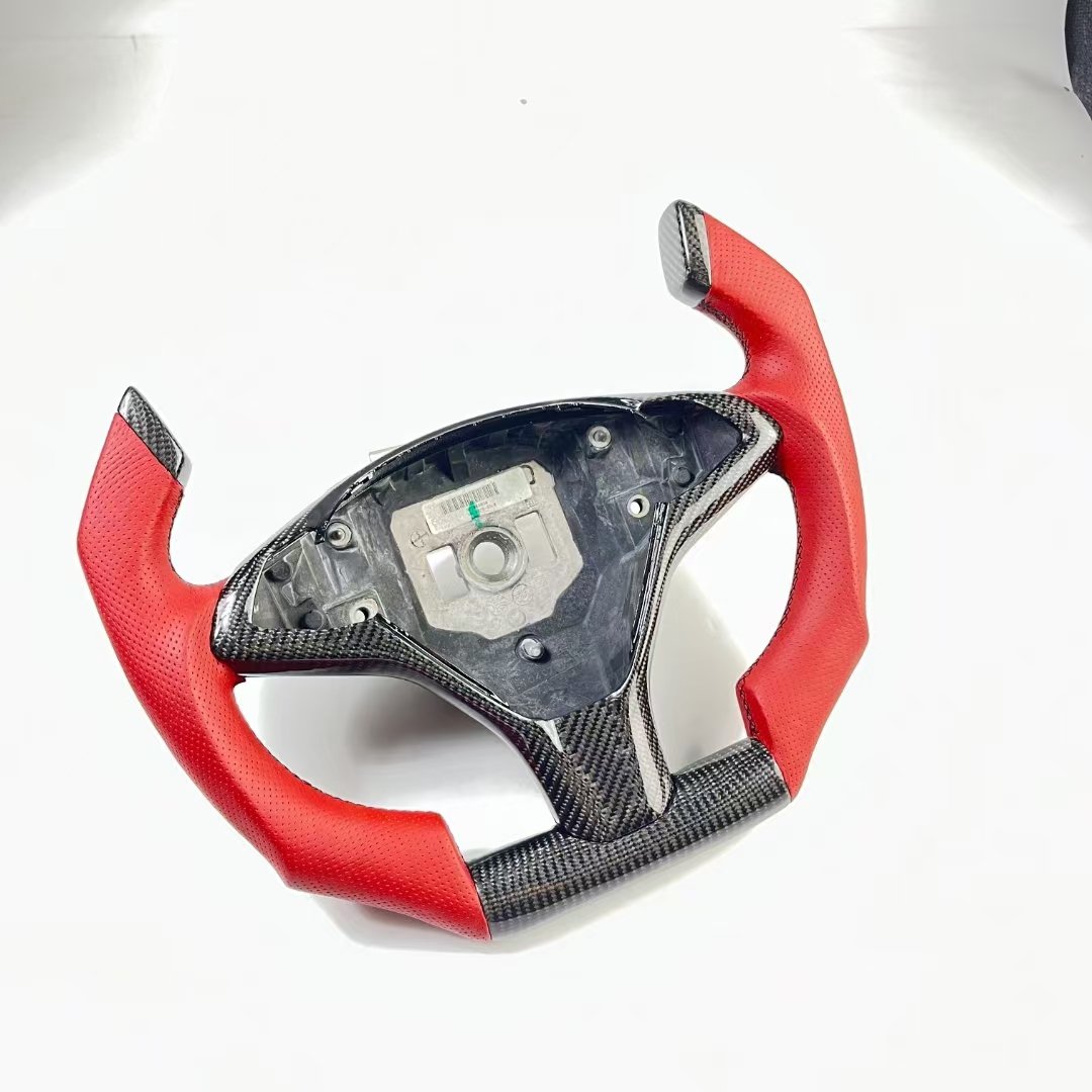 Tesla Model 3 Y X S Full Leather Racing Style Carbon Fiber Steering Wheel Red PU Material Stitching Black Fit Sports Car