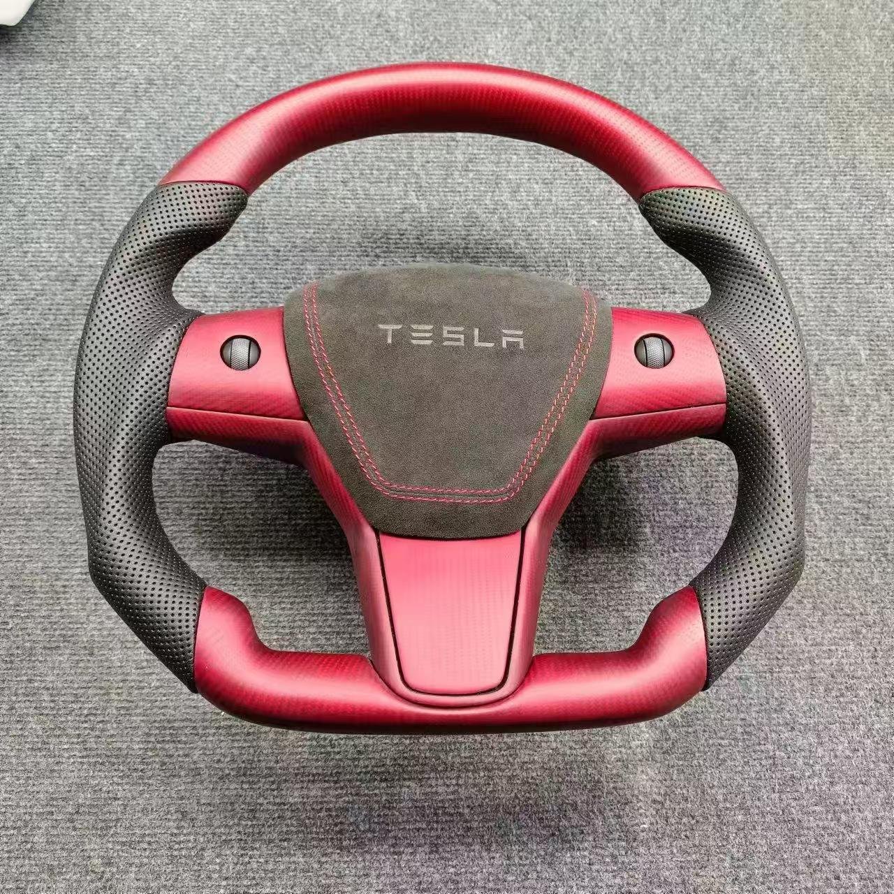 Tesla Model 3 Y X S Full Leather Racing Style Carbon Fiber Steering Wheel Red PU Material Stitching Black Fit Sports Car