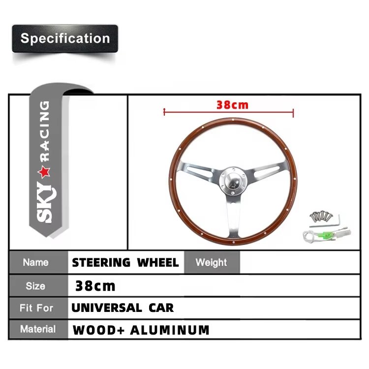 Hot Sale Car Modification Part Real Wood Aluminum Universal Wooden Grain 380mm Vintage Classic Wood Steering Wheel for Auto