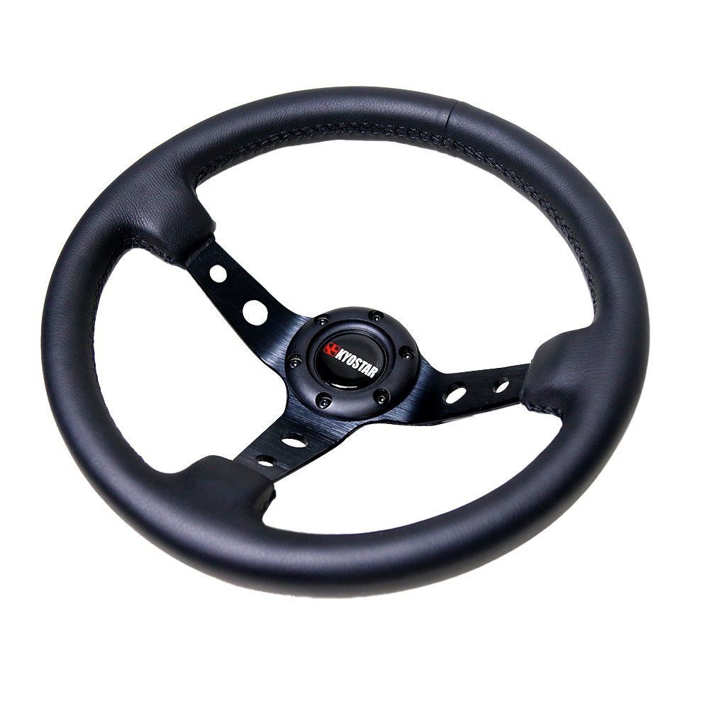 350mm 14" Black Leather Steering Wheel Deep DIsh Brushed Spokes