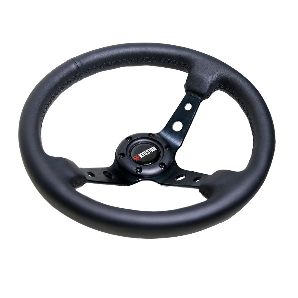 350mm 14" Black Leather Steering Wheel Deep DIsh Brushed Spokes
