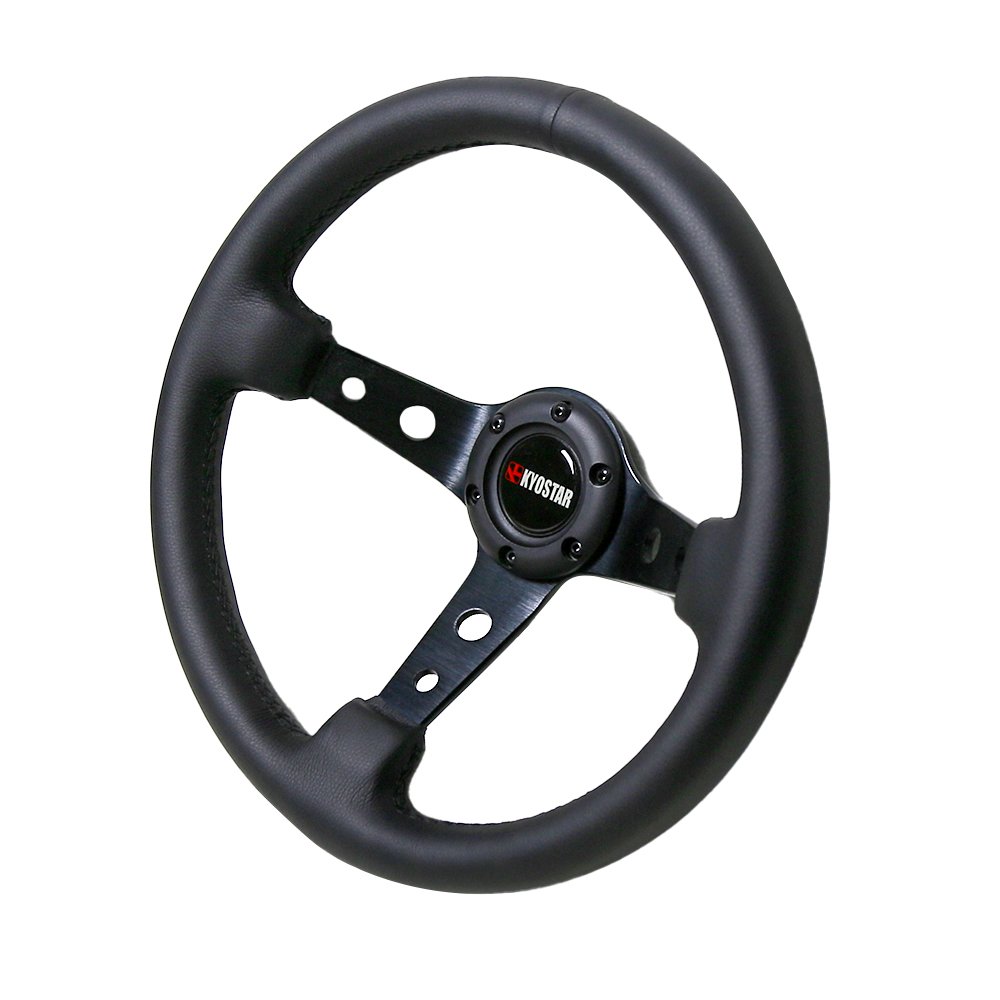 350mm 14" Black Leather Steering Wheel Deep DIsh Brushed Spokes