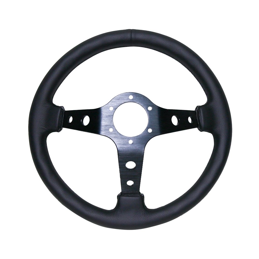 350mm 14" Black Leather Steering Wheel Deep DIsh Brushed Spokes