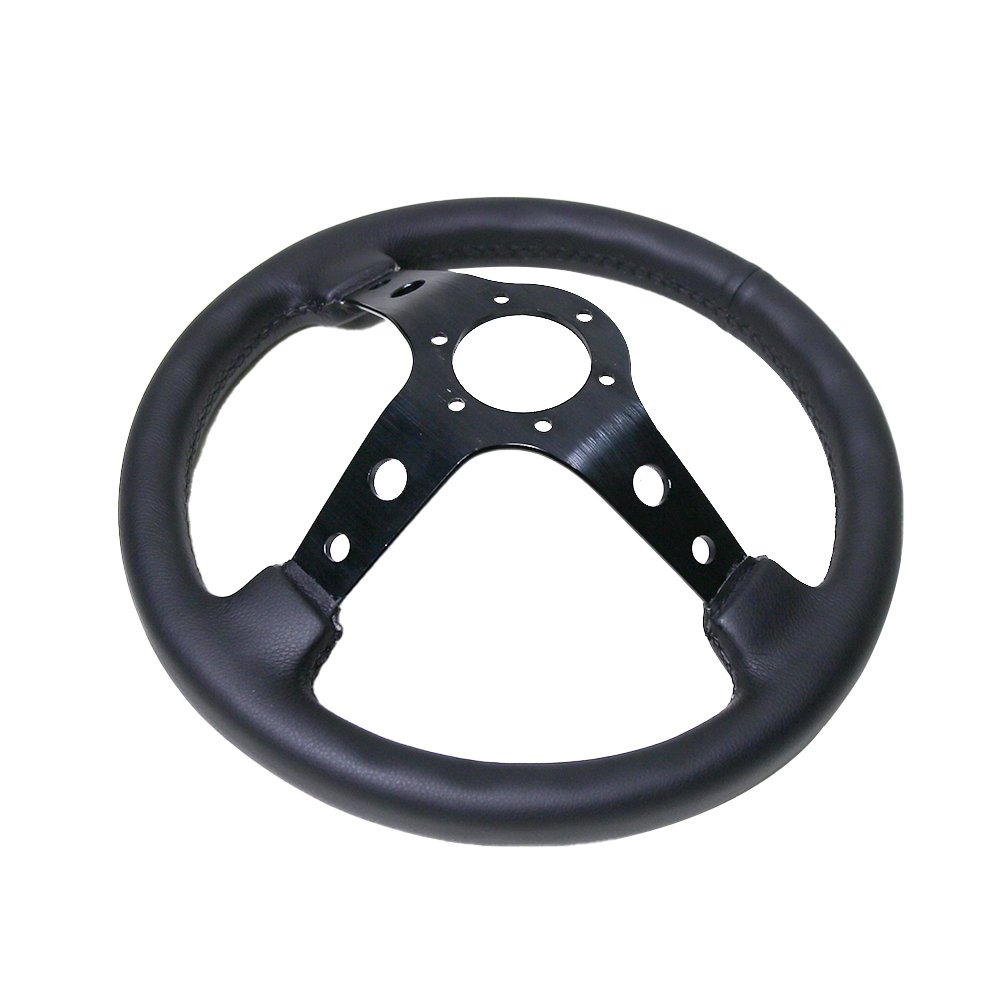 350mm 14" Black Leather Steering Wheel Deep DIsh Brushed Spokes