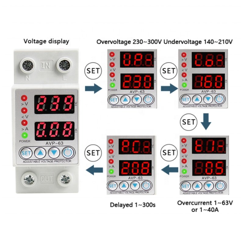 Current Limiting Adjustable Voltage Protector Household Auto Recovery Over Under Voltage Relay Protector Digital Electric 63A 40