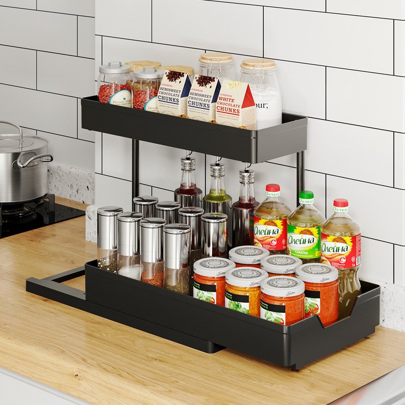 2-pcs Kitchen Storage Shelf with Drawers Sliding Spice Rack Under Sink Organizer Multi-function Rack with Darwers