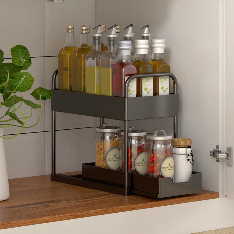 2-pcs Kitchen Storage Shelf with Drawers Sliding Spice Rack Under Sink Organizer Multi-function Rack with Darwers
