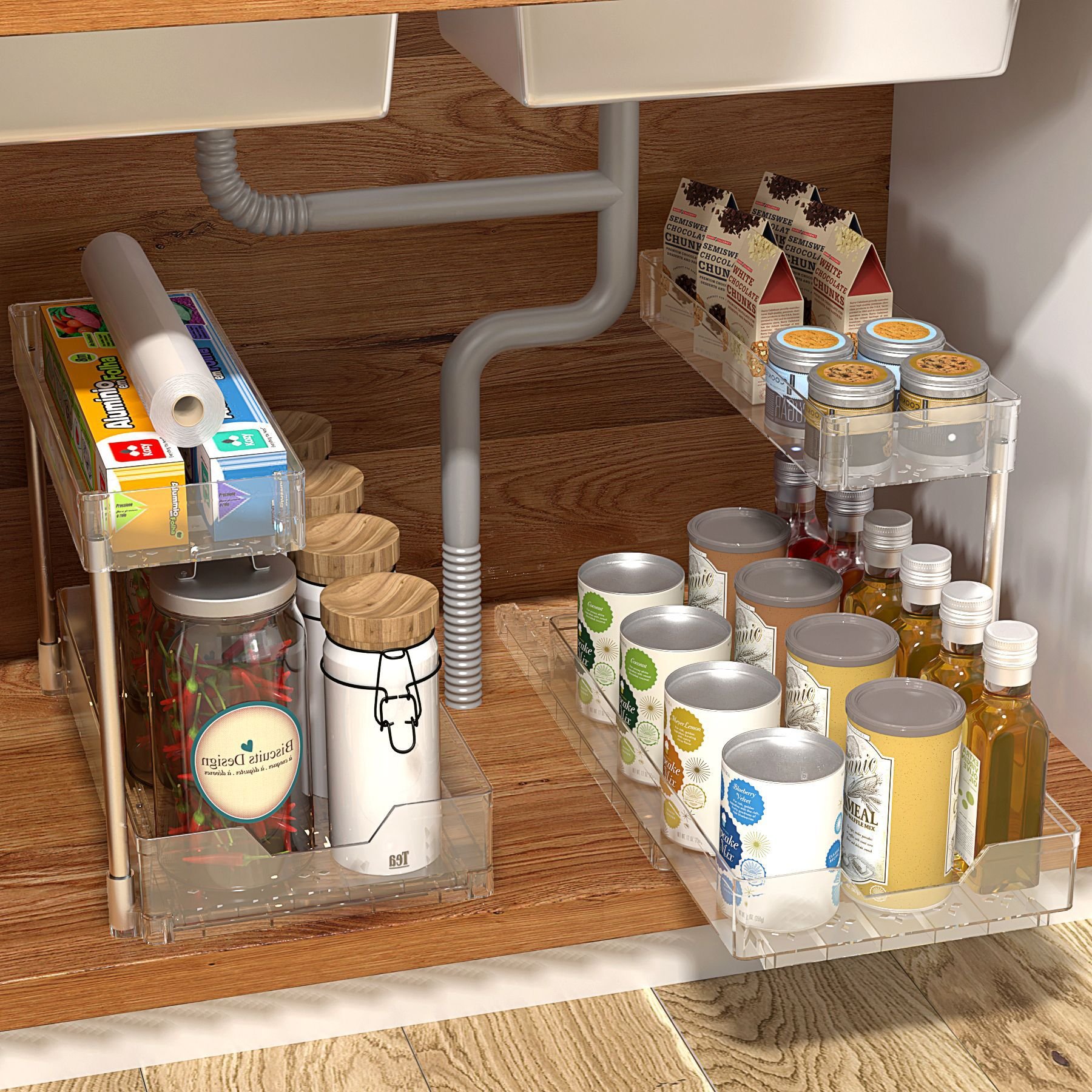 2-pcs Kitchen Storage Shelf with Drawers Sliding Spice Rack Under Sink Organizer Multi-function Rack with Darwers