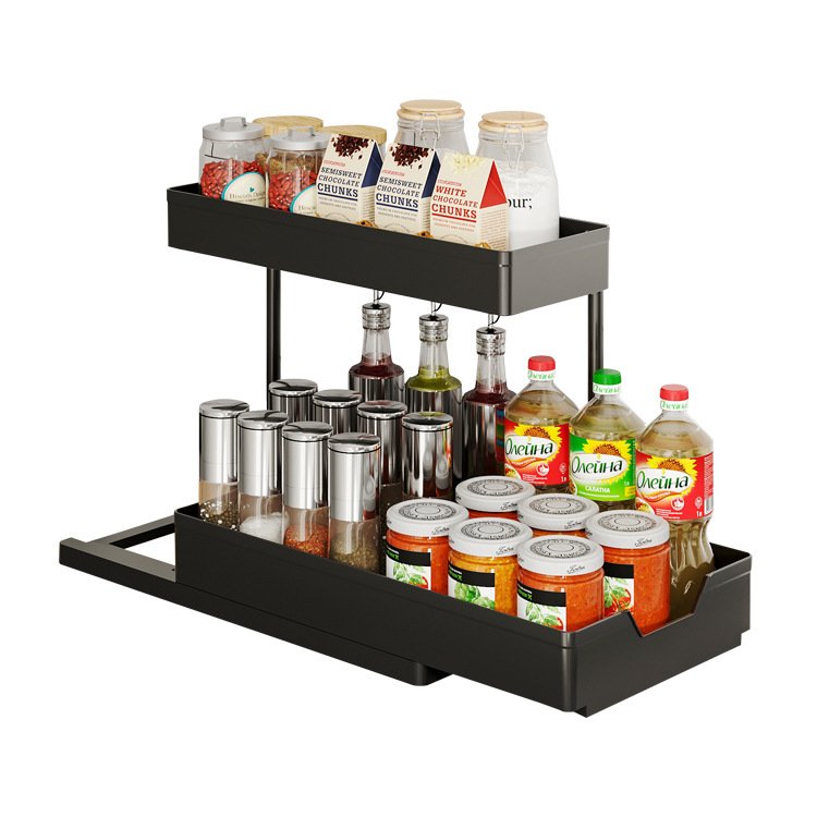 2-pcs Kitchen Storage Shelf with Drawers Sliding Spice Rack Under Sink Organizer Multi-function Rack with Darwers