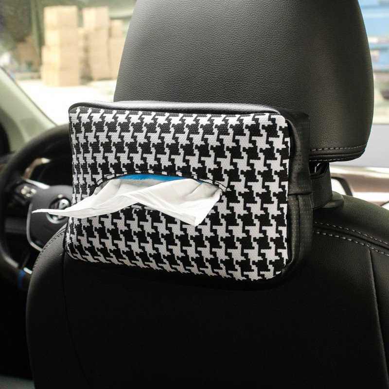 Houndstooth Universal PU Leather Car Interior Kits Tissue Box Cover Sun Visor Chair Back Hanging Type Armrest Armrest Box