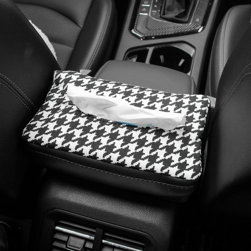 Houndstooth Universal PU Leather Car Interior Kits Tissue Box Cover Sun Visor Chair Back Hanging Type Armrest Armrest Box