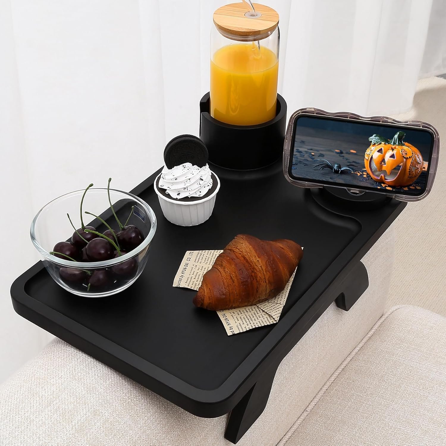 Custom Acacia Wood Sofa Arm Tray Table Wooden Side Table for Living Room Sofa Armrest Tray Storage Small Space Household Items