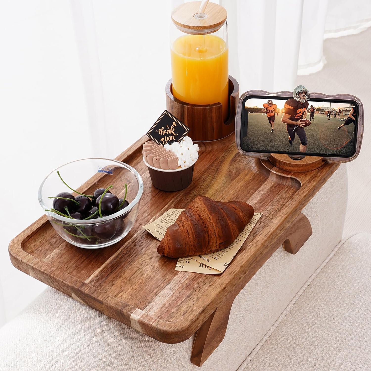 Custom Acacia Wood Sofa Arm Tray Table Wooden Side Table for Living Room Sofa Armrest Tray Storage Small Space Household Items