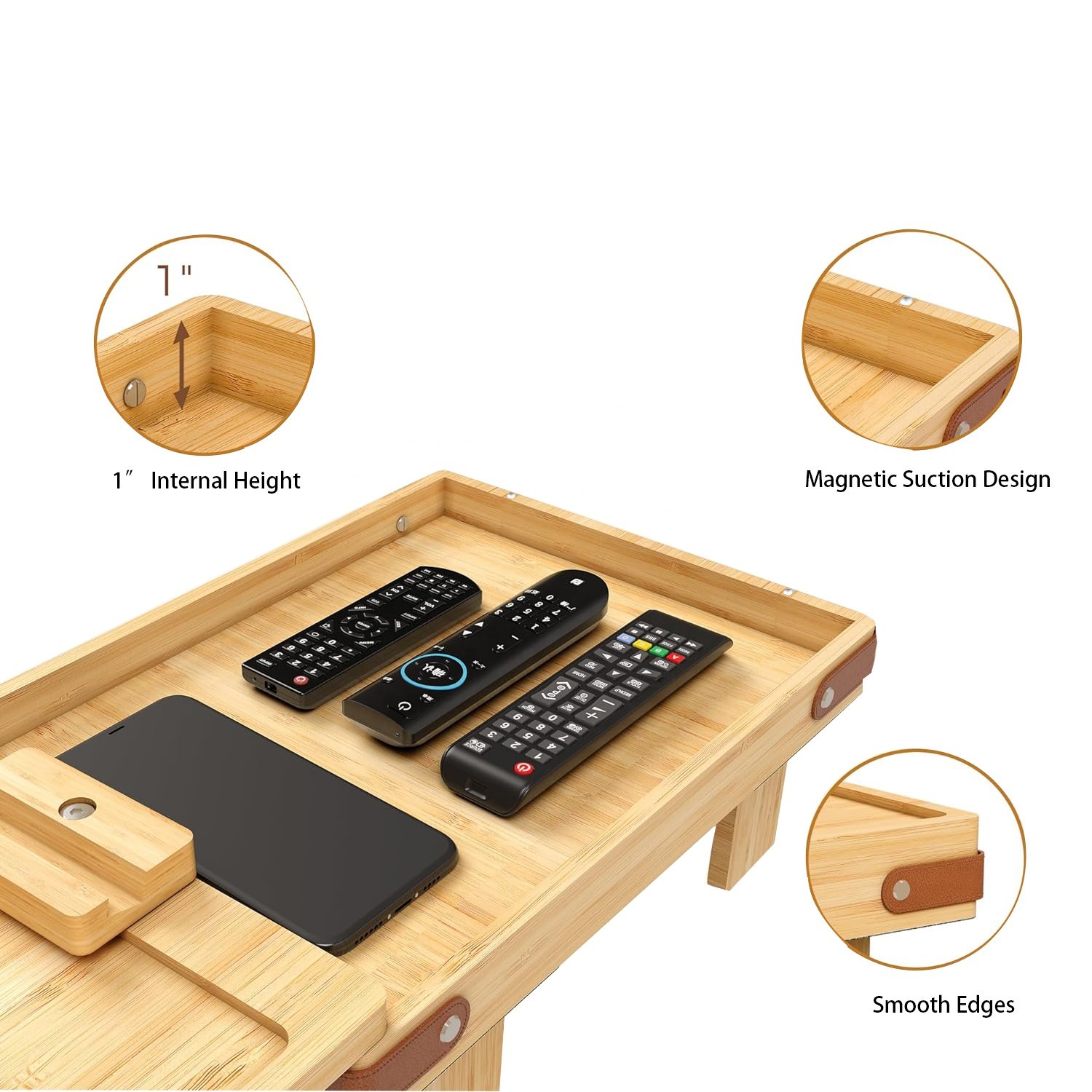 Bamboo Adjustable Folding Couch Arm Armrest Table TV Trays Sofa Snack Table with Rotating Phone Pad Bracket