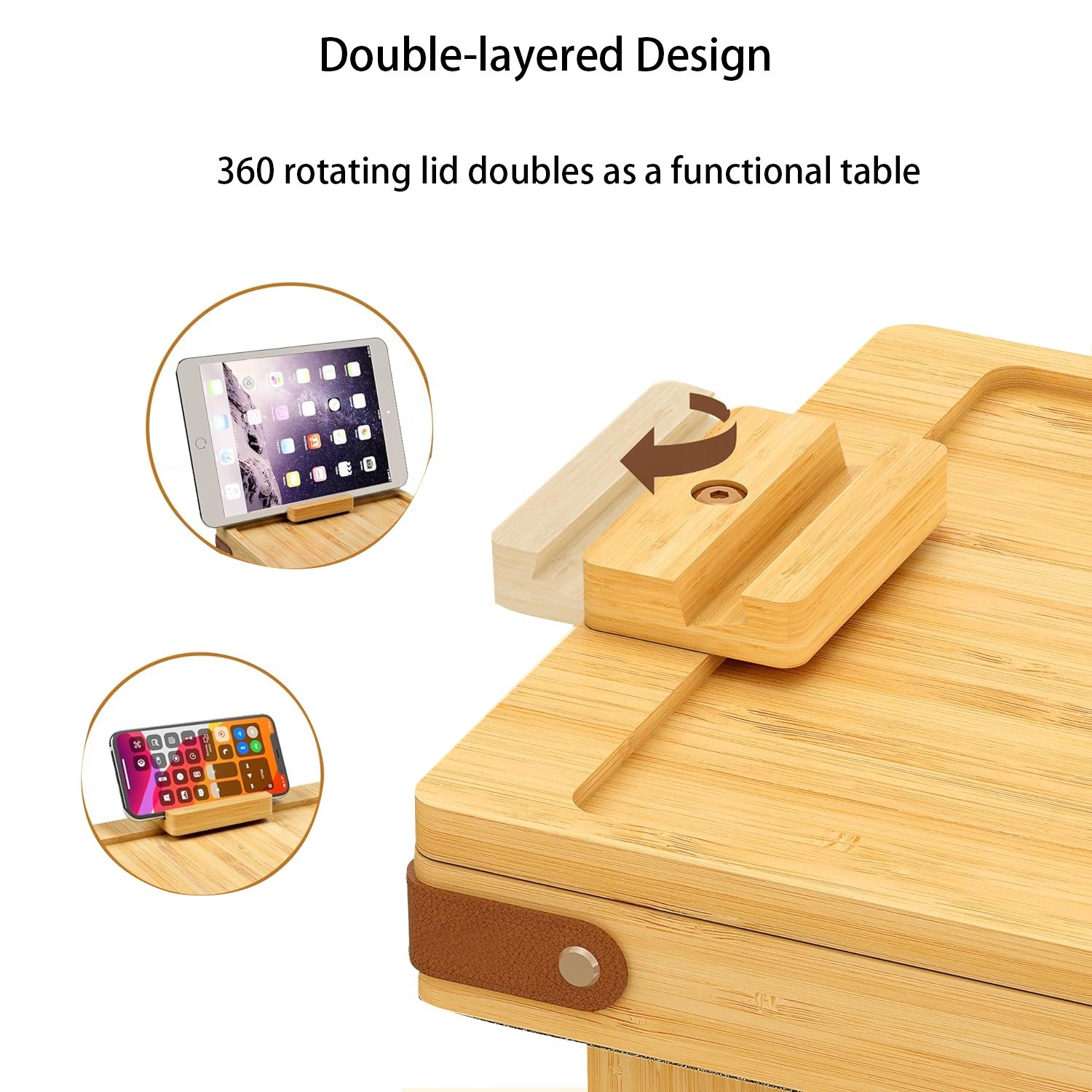 Bamboo Adjustable Folding Couch Arm Armrest Table TV Trays Sofa Snack Table with Rotating Phone Pad Bracket