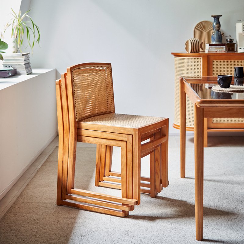 Wabi Style Home Solid Wood Dining Chair Nordic Leisure Rattan Backrest Medieval Chair Hotel Restaurant Armrests Stackable