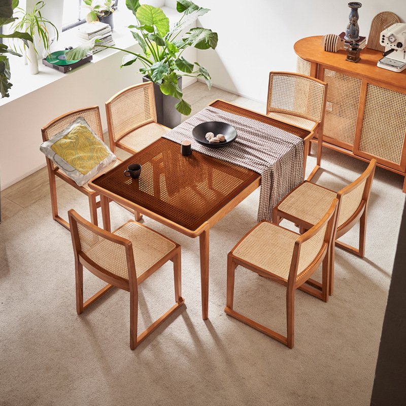 Wabi Style Home Solid Wood Dining Chair Nordic Leisure Rattan Backrest Medieval Chair Hotel Restaurant Armrests Stackable
