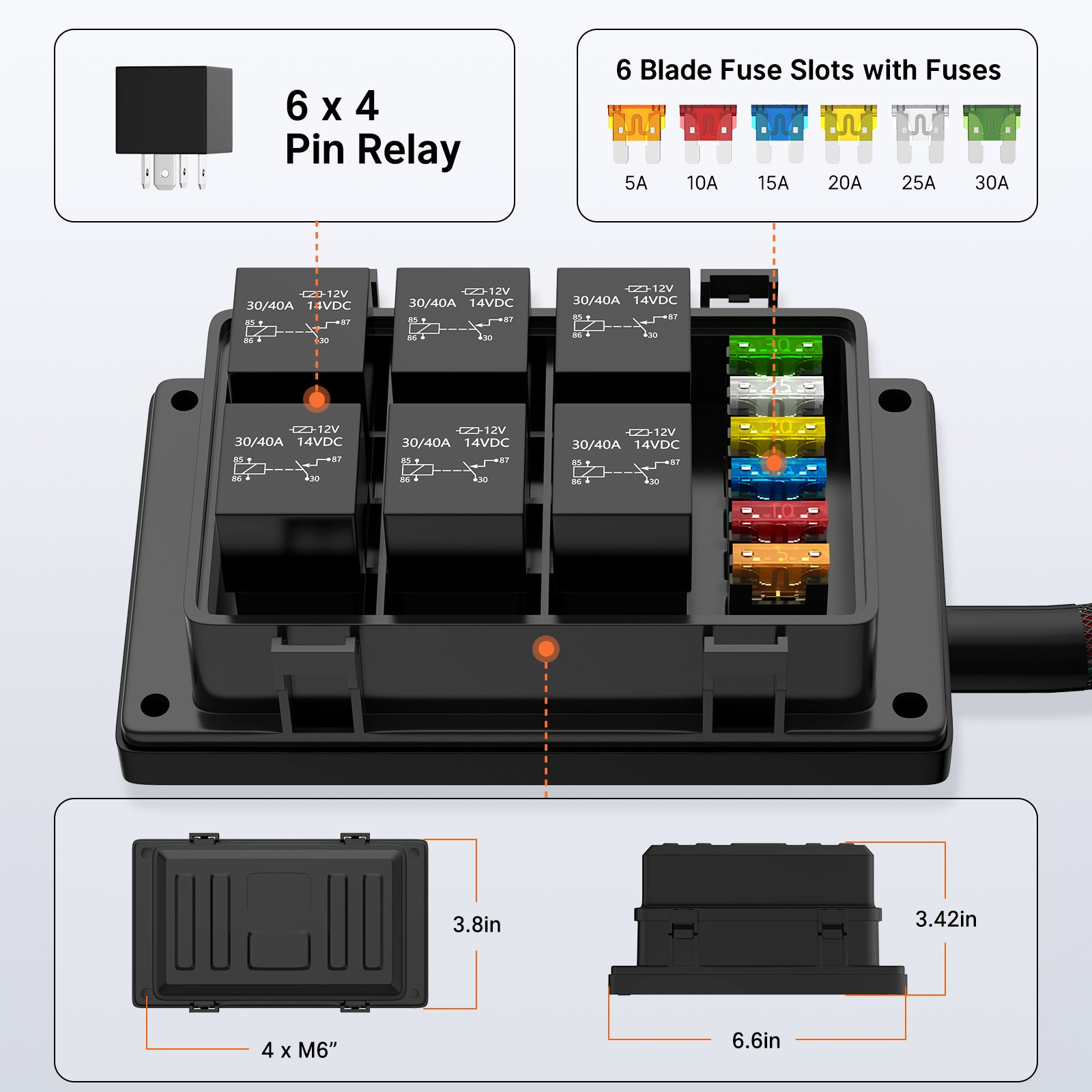 Waterproof Relay Fuse Box 12V 6 Slots Relay Block Automotive Relay Socket Waterproof ATC/ATO Blade Auto Car Fuse Holder