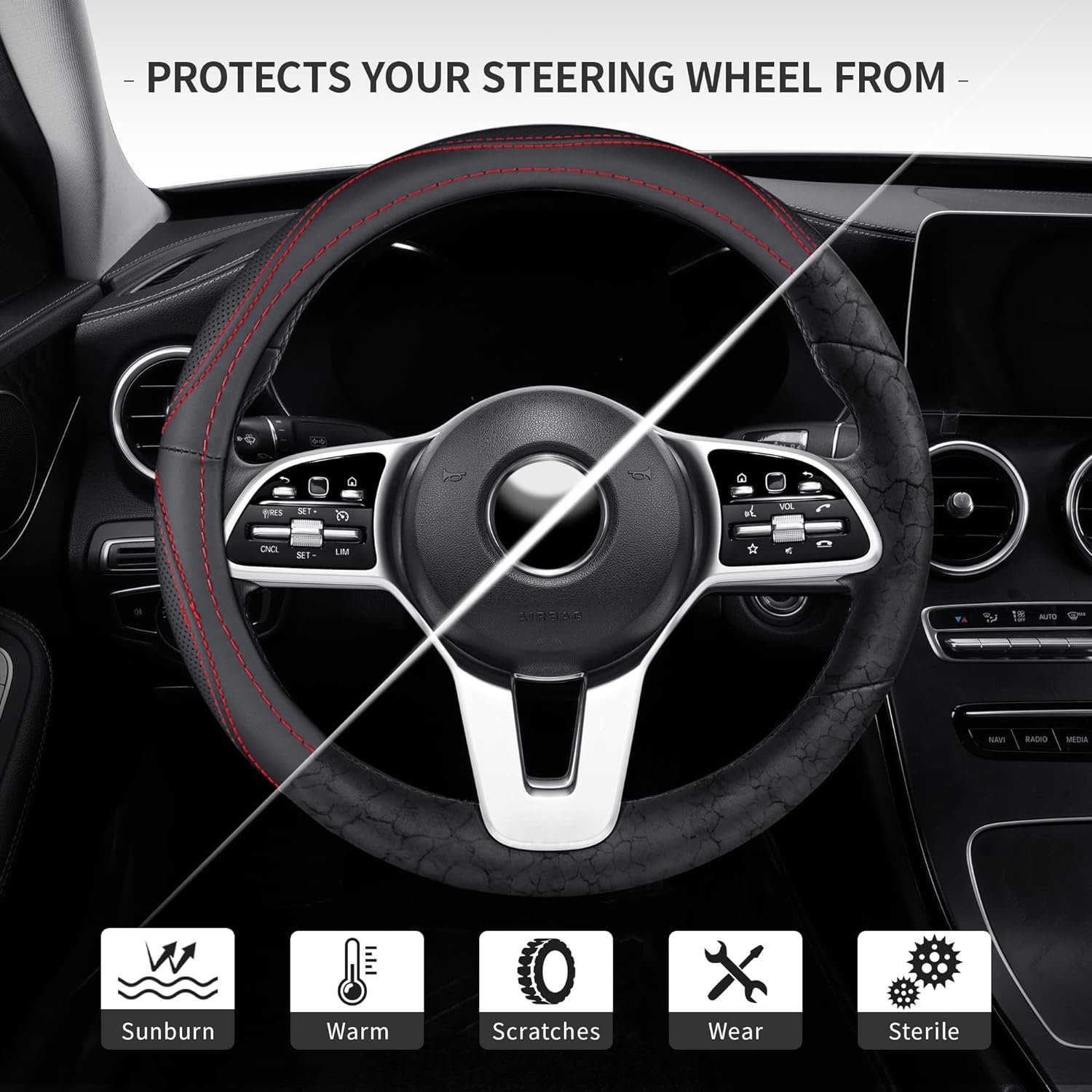 Car Steering Wheel Cover Leather Soft Microfiber Anti- Slip Flat Bottom Fit Universal Auto Steering Wheel Cover