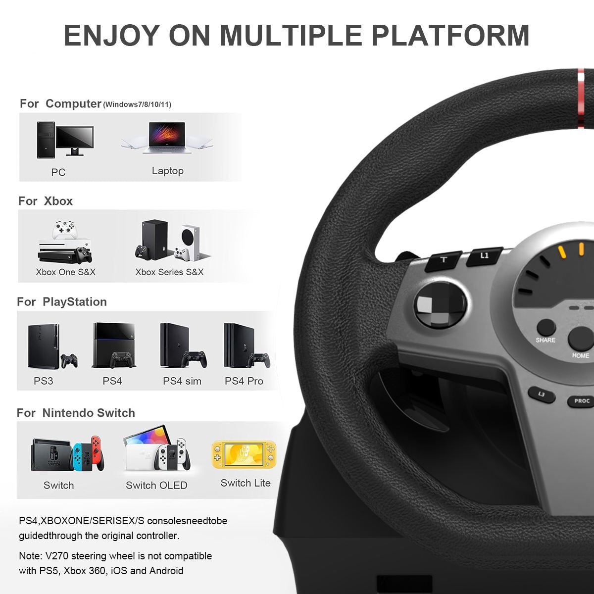 Rotating Gaming Racing Wheel Audio Pedal for Nintendo Switch X-box PS3 PS4 PC NS Shift Steering Wheel Car Race Game Real Feeling