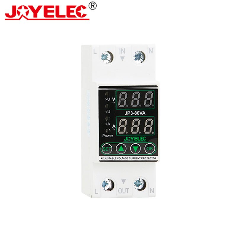 JOYELEC 2P 63A Din Rail Automatic Reconnect Adjustable Over Under Voltage Over Current Protector
