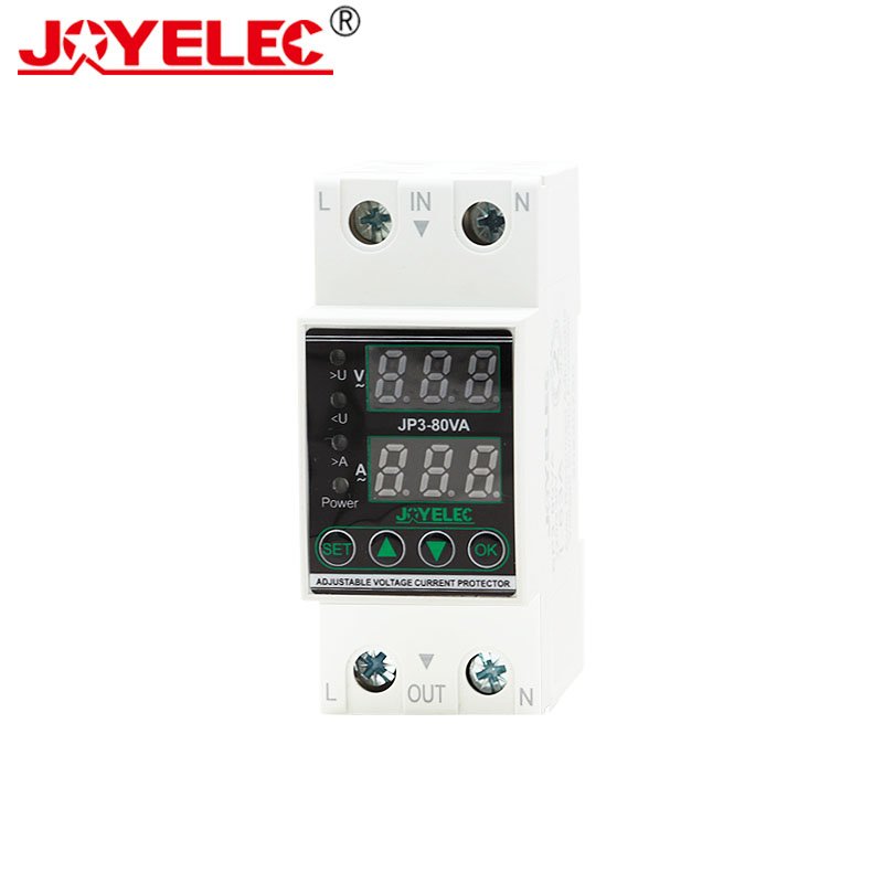 JOYELEC 2P 63A Din Rail Automatic Reconnect Adjustable Over Under Voltage Over Current Protector