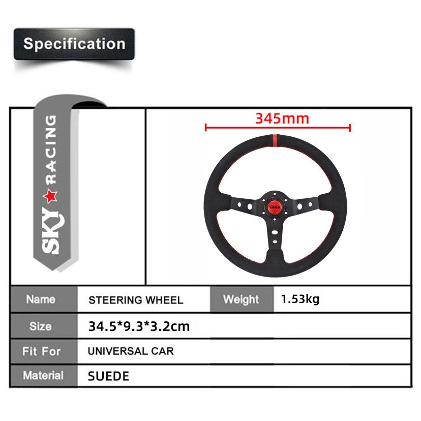 Universal 350mm 14 Inch Suede Car Steering Wheel JDM Drift Racing Deep Dish 6 Bolt Sport Steering Wheel With Red/Blue/Yellow