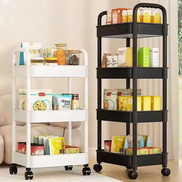 Kitchen Rolling Storage Cart Double Armrest 3~5 Tier Storage Trolley Vegetable Fruit Plastic Rack Shelf