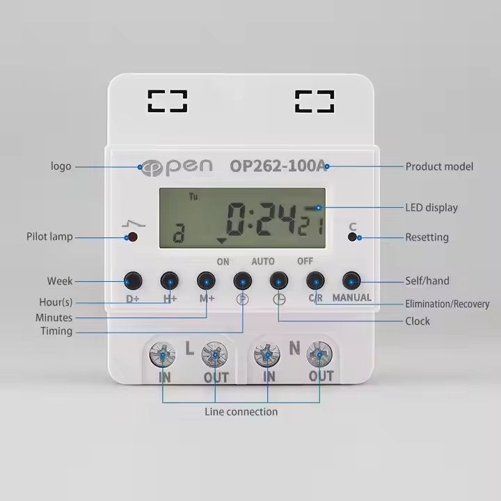 OP262-100A DIN Rail Digital Lcd Display Programmable 220V 240V 100 a Daily Weekly Monthly Automatic on off Timer Relay Switch
