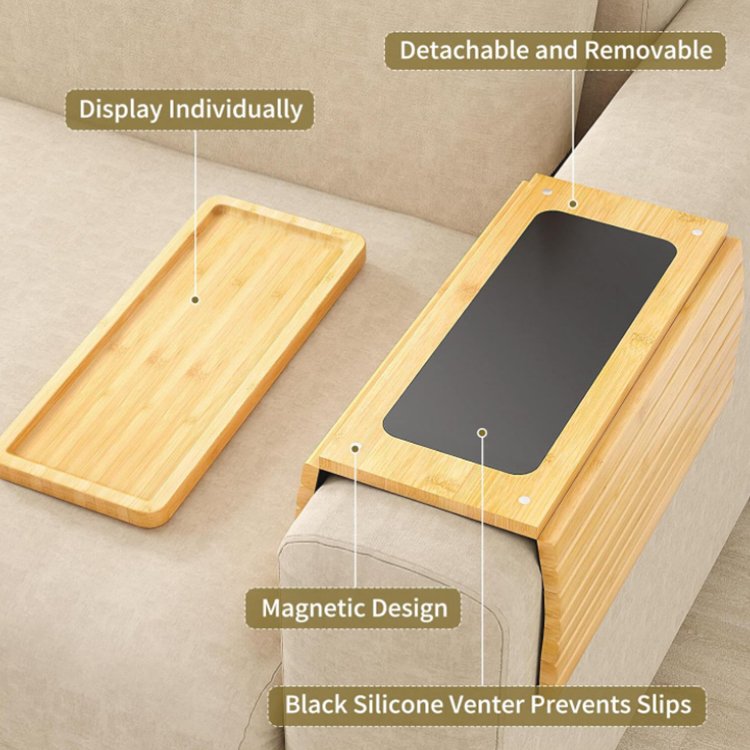 Bamboo Double Layer Sofa Armrest Storage Organizer Foldable Couch Tray Sofa Armrest Tray