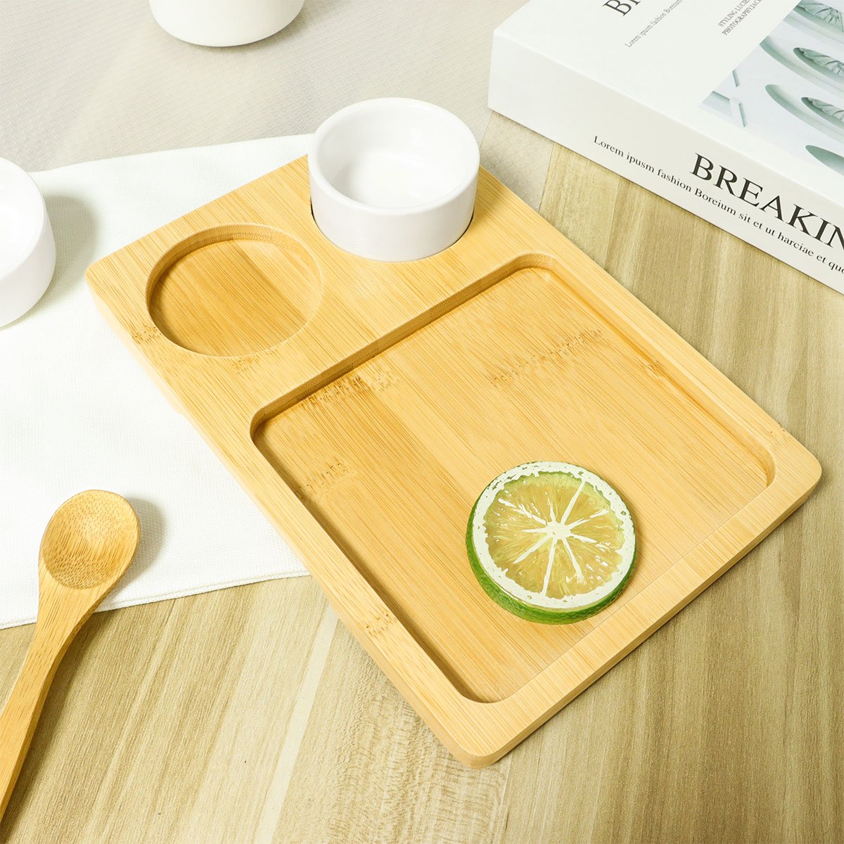 Custom logo Rectangle 18x13 Home Centre Nature Squad Chip and Dip Platter Bamboo Armrest Serving Sushi Tray with 2 Dip Bowls