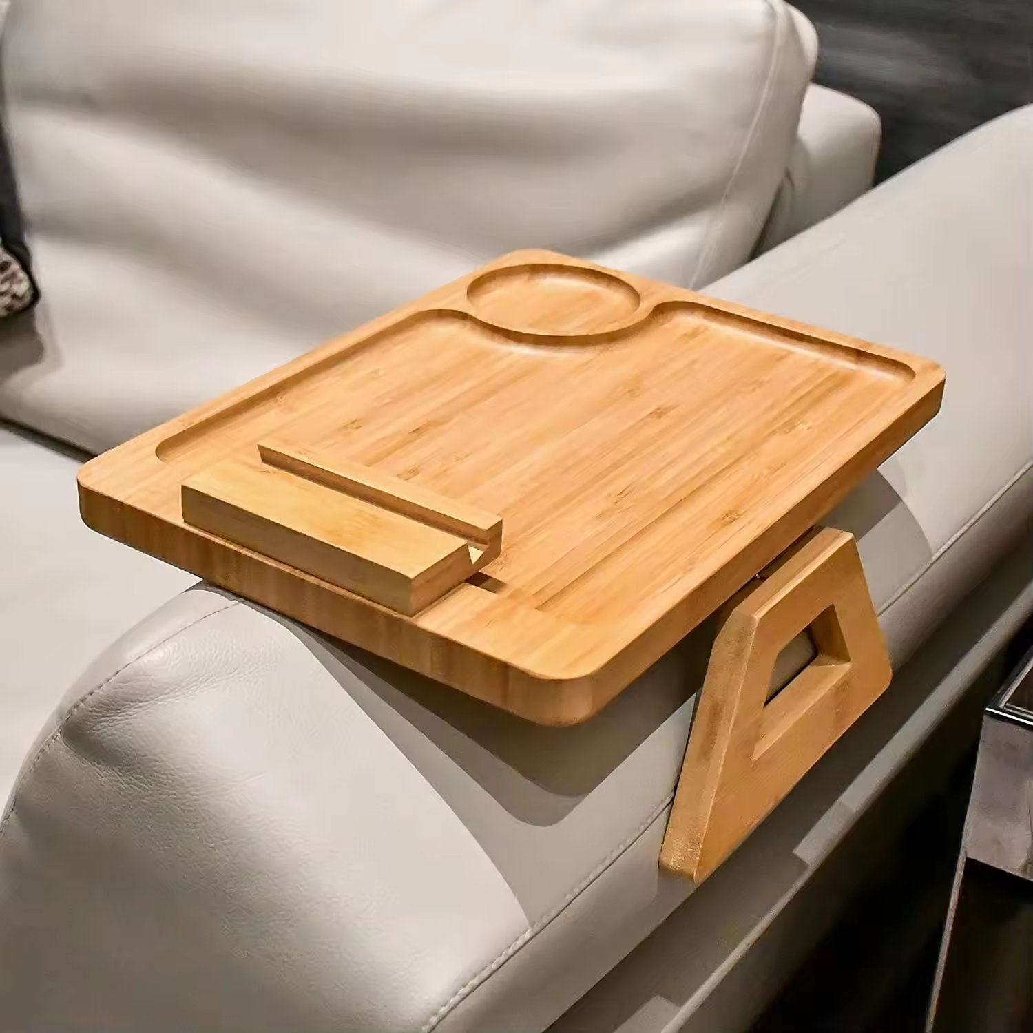 Foldable Bamboo Couch Arm Tray Table Couch Sofa Armrest Tray Coffee Side Table With 360 Rotating