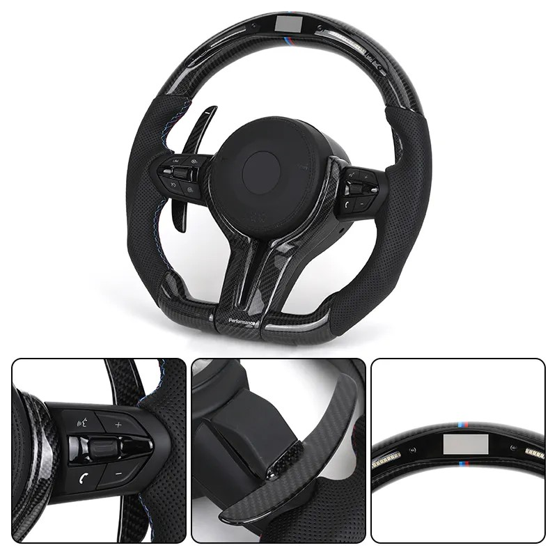 With Carbon Trim Paddle Half Perforated Leather Carbon LED Steering Wheel for BMW F10 F30 F32 F36 F80 M4 F82 X5 F15 E70 X6 E71