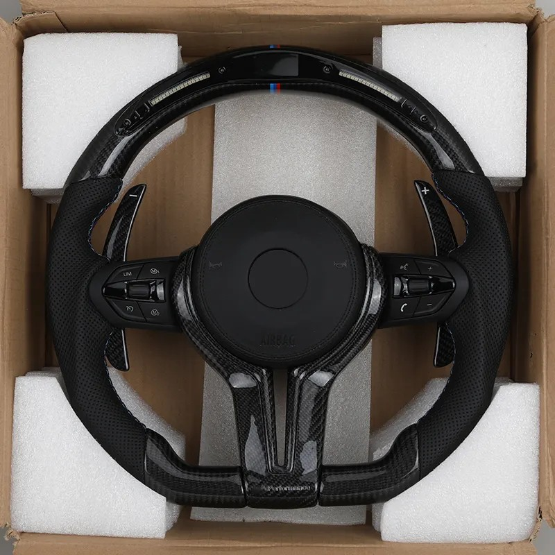With Carbon Trim Paddle Half Perforated Leather Carbon LED Steering Wheel for BMW F10 F30 F32 F36 F80 M4 F82 X5 F15 E70 X6 E71