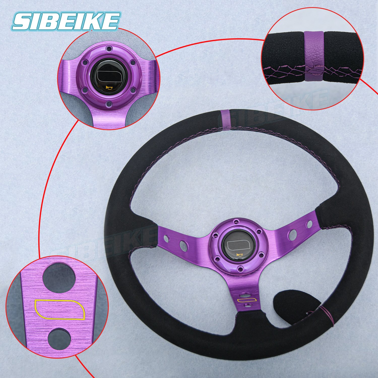 Car 14inch 350mm Universal Suede Leather Steering Wheel Deep Dish Modified Sports Steering Wheel Purple Spoke