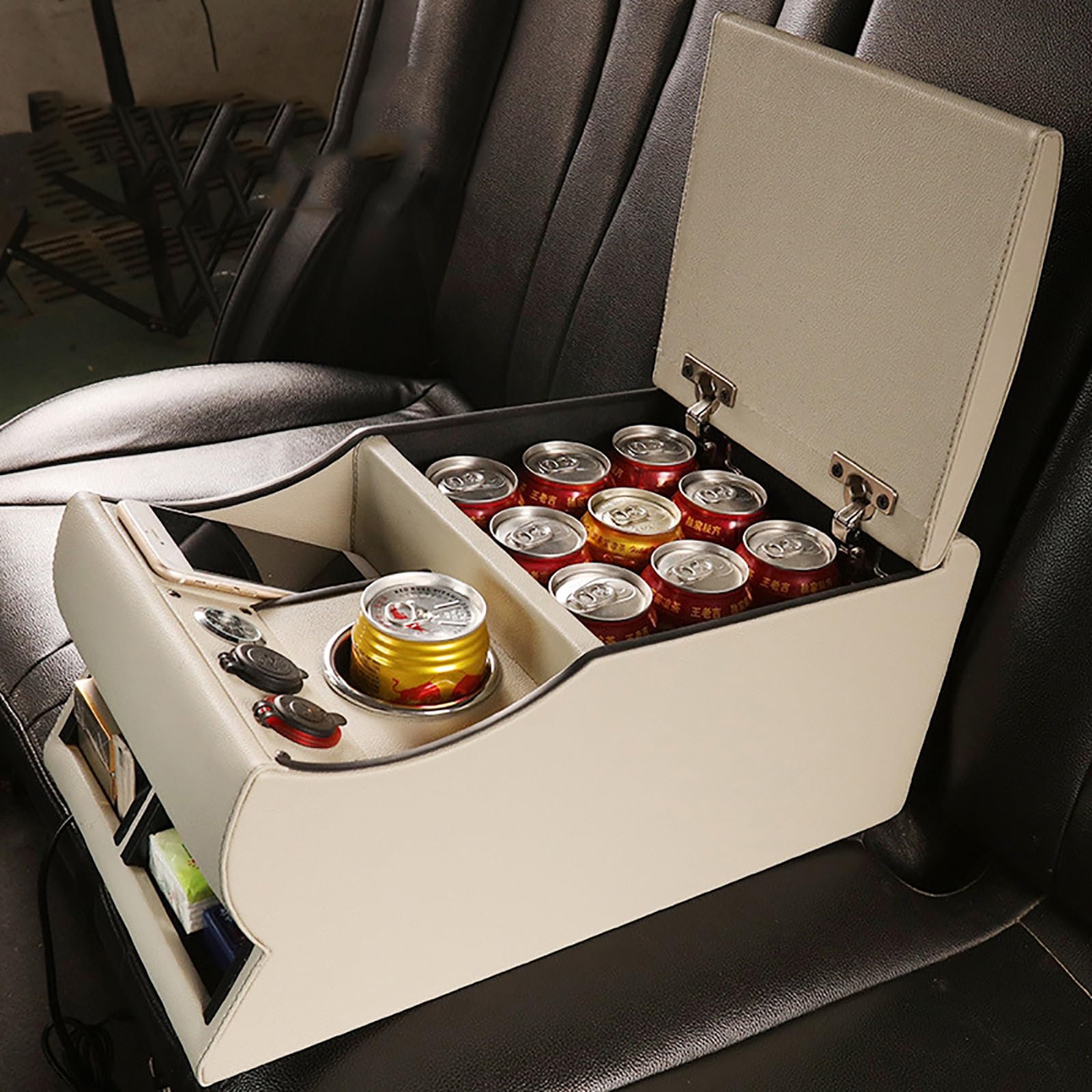 Car Armrest Rear Armrest Wireless Charging With LED Light Center Console Box Beige Universal Truck Rear Seat Cup Holder Bench
