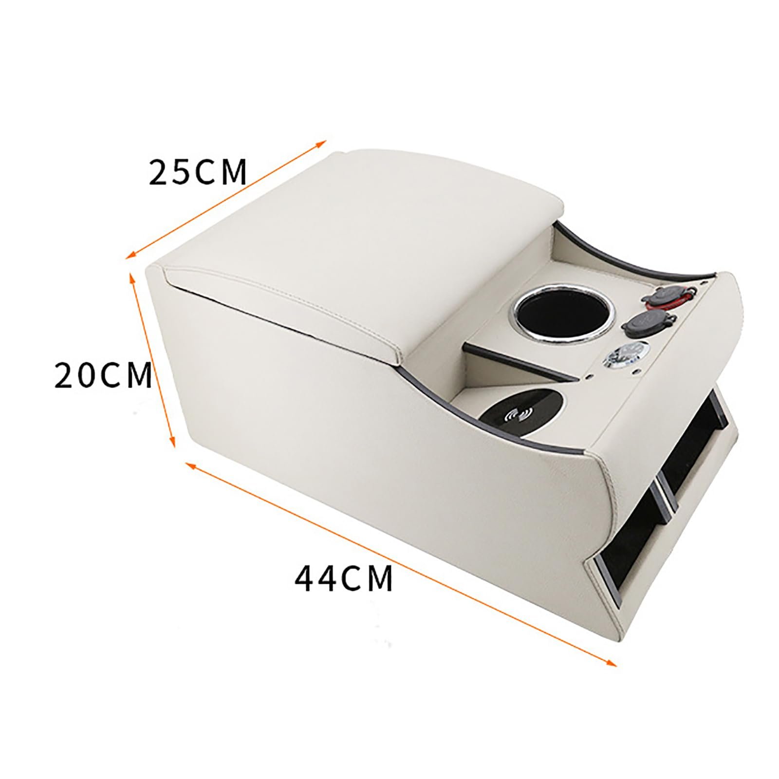 Car Armrest Rear Armrest Wireless Charging With LED Light Center Console Box Beige Universal Truck Rear Seat Cup Holder Bench