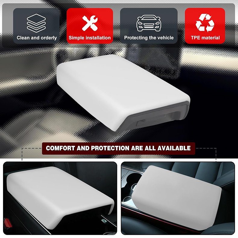 Car Interior Accessories Car Center Console Pad White TPE Armrest Box Cover for Tesla Model 3 Model Y