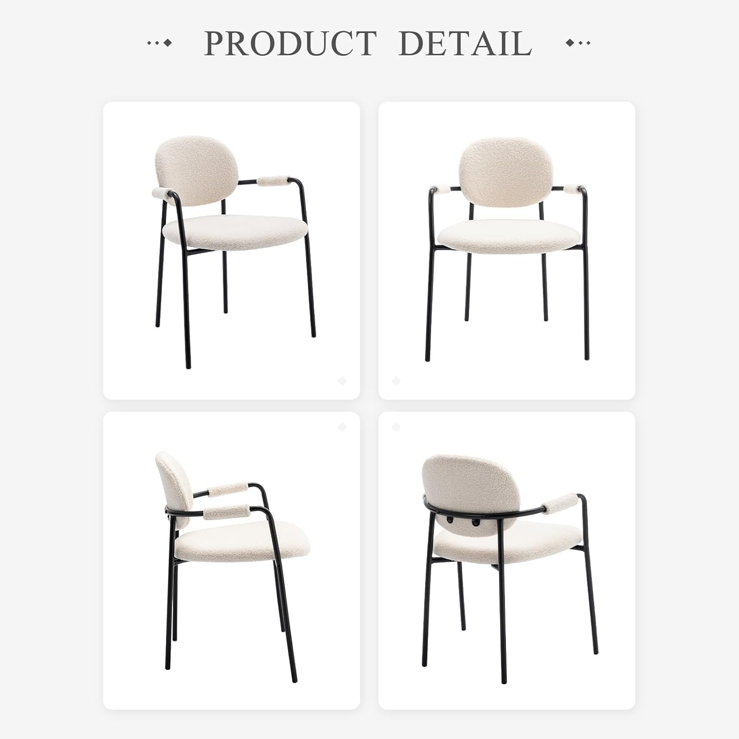Dining Room Furniture Curved Backrest Wood White Fabric Boucle Dining Chair Armrest Accent Arm Chair Living
