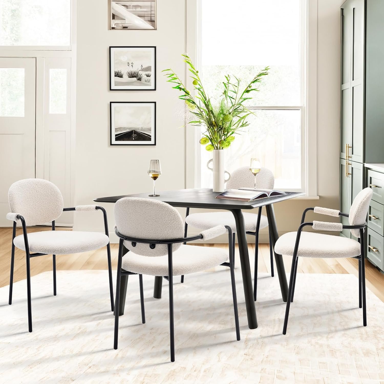 Dining Room Furniture Curved Backrest Wood White Fabric Boucle Dining Chair Armrest Accent Arm Chair Living