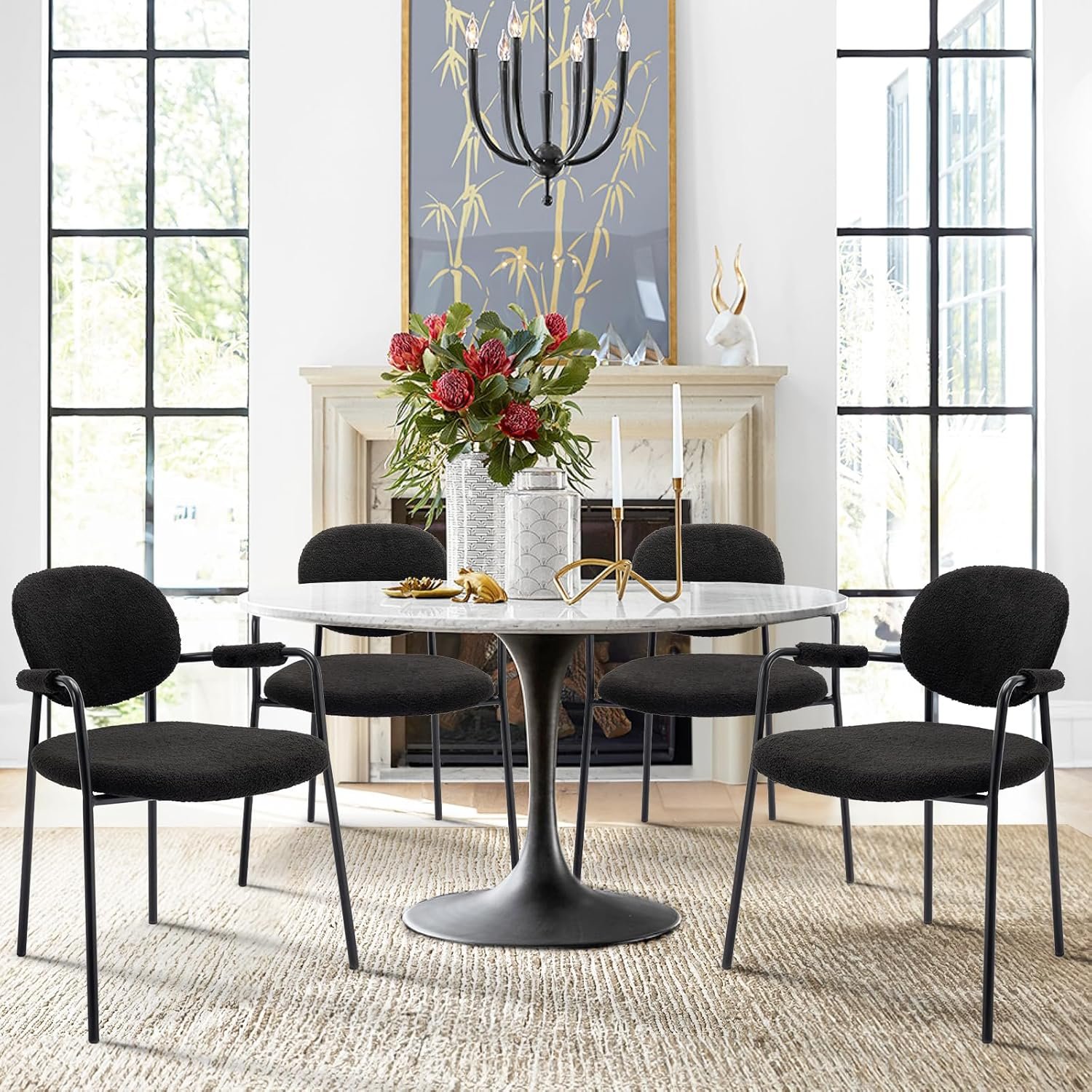 Dining Room Furniture Curved Backrest Wood White Fabric Boucle Dining Chair Armrest Accent Arm Chair Living