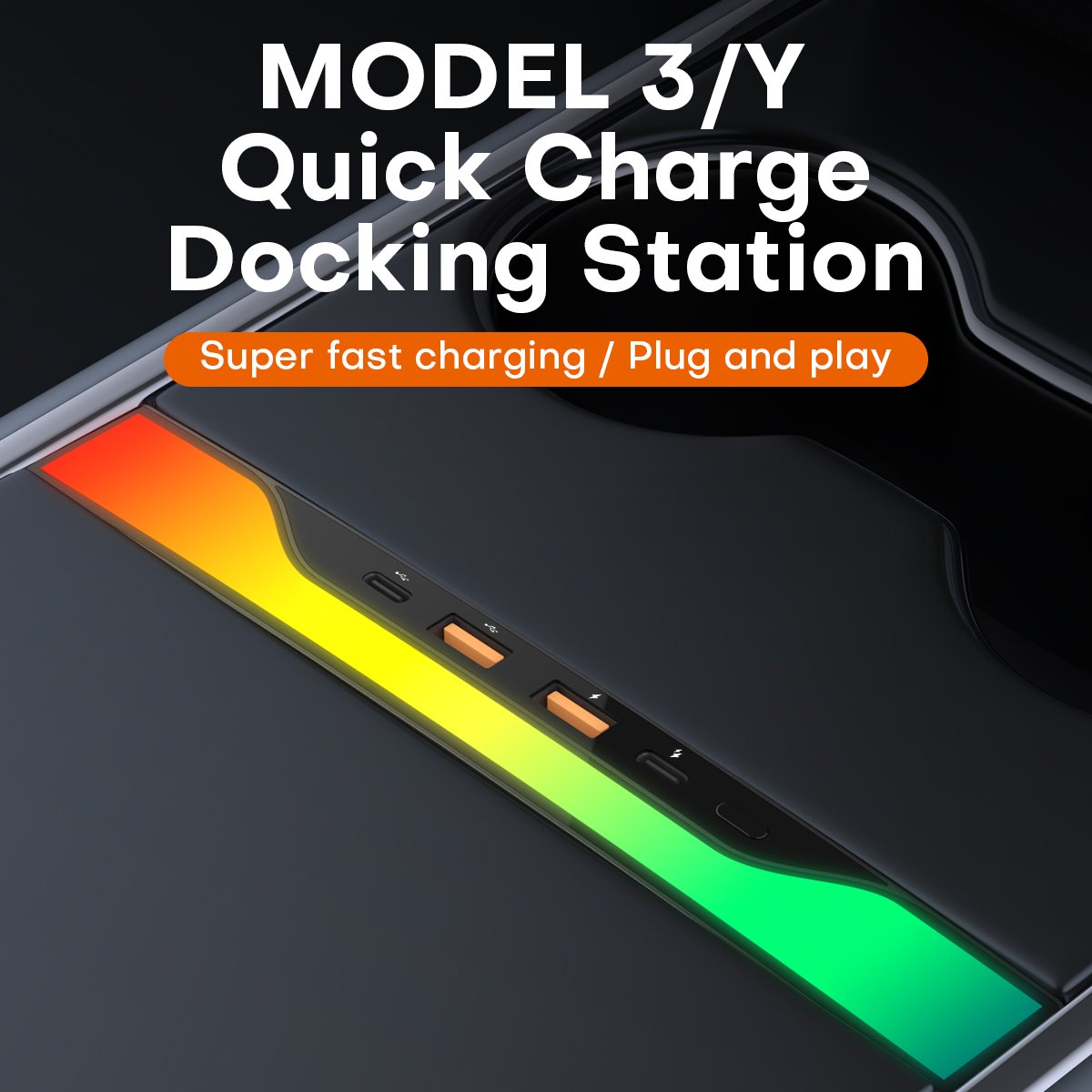 New Multi Port Docking Station with Multi-color Ambient Light Adapter for Tesla Model 3/Y Kit Internal Armrest Box USB Dock