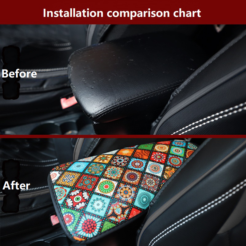 Car Armrest Cover Mat Universal Leather Ethnic Style Print Waterproof Non-slip Storage Box Pad Auto Styling Interior Accessories