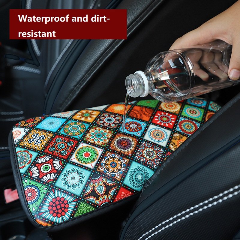 Car Armrest Cover Mat Universal Leather Ethnic Style Print Waterproof Non-slip Storage Box Pad Auto Styling Interior Accessories