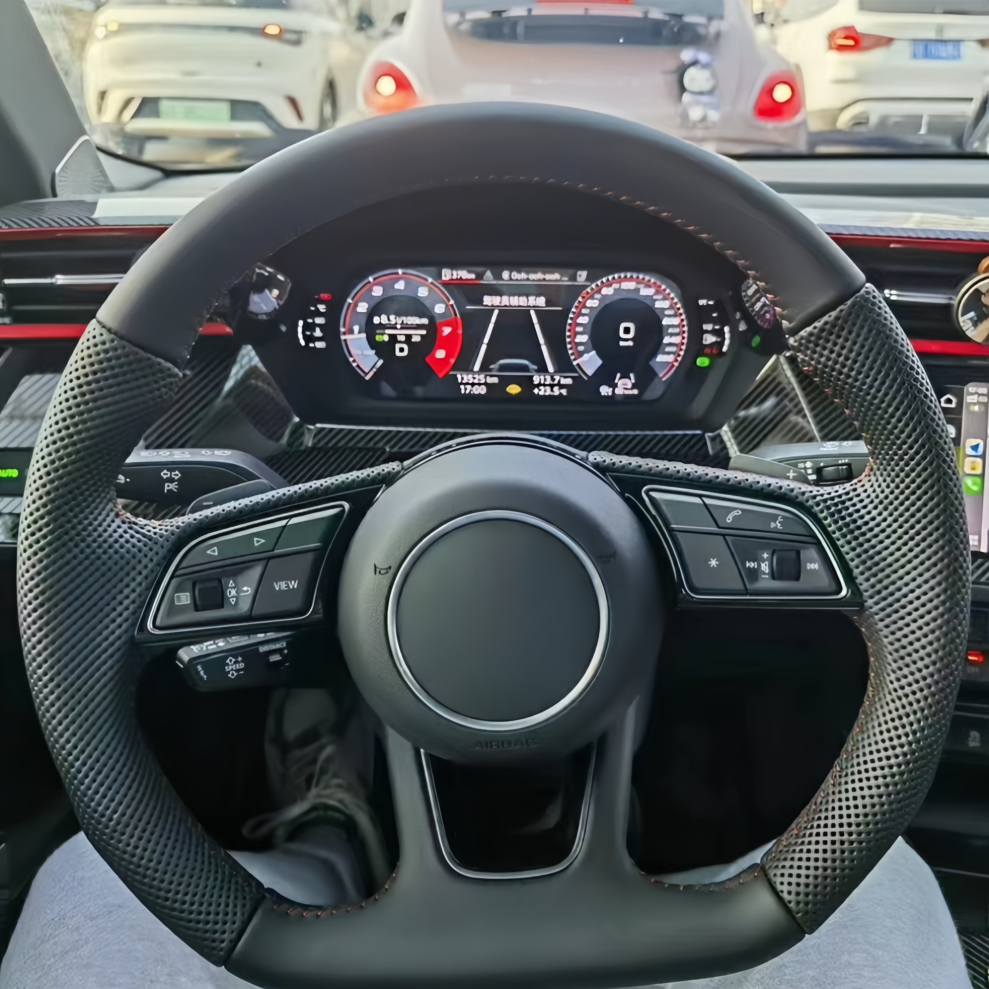 Leather Steering Wheel Black Stitched Full Leather Perforated Flat Bottom Steering Wheel for Audi A4 B8 A3 8V A4 A5 A7 Q3 Q5 Q7