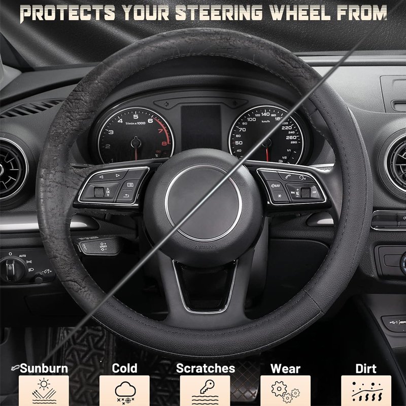 Car Steering Wheel Cover Universal Standard Size 14.5-15 inch Black Microfiber Leather Car Accessories