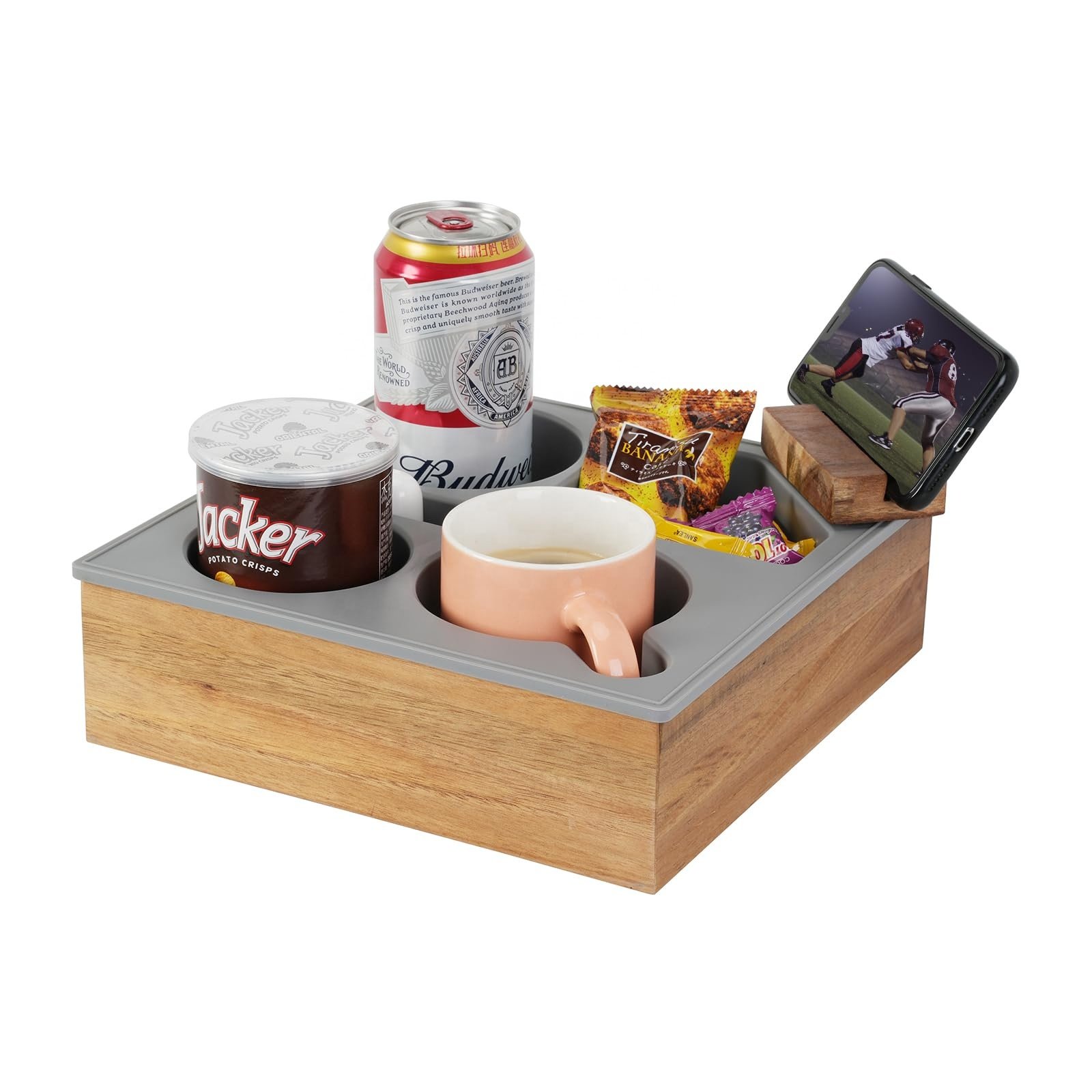 Wood Couch Tray Organizer with Drink Cup Holders Remote Control Holder Slots Rotatable 360 Degrees Phone Holder Snack Caddy Tray