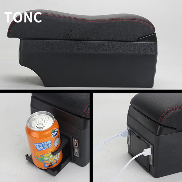 TONC for Ford Figo Car Center Seat Armrest 6USB Hidden Cup Holder Black Console Storage Box