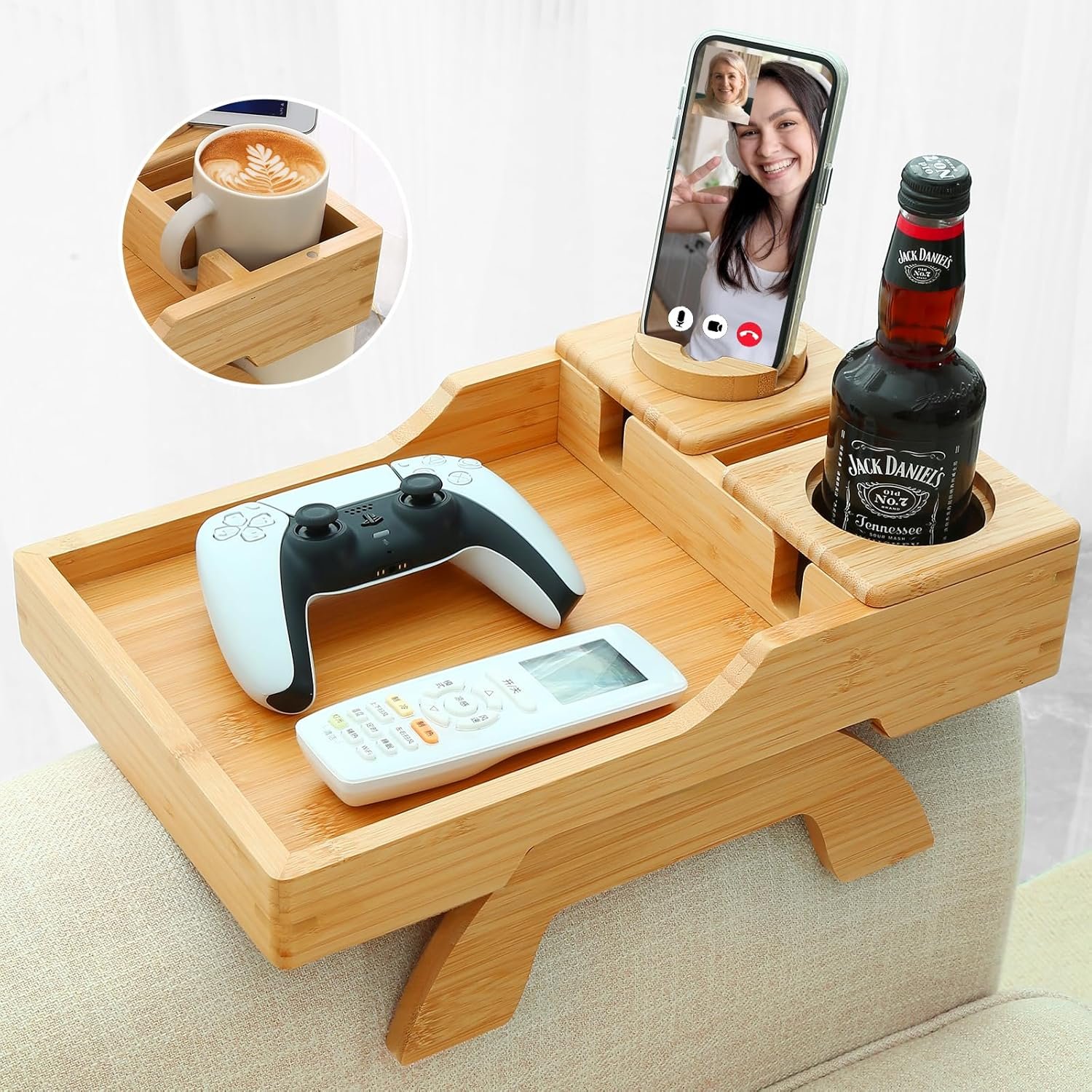 Multi-Function Folding Sofa Armrest Tray with 360° Rotating Phone Pad Bracket TV Tray Living Room Use for Eating and Beverages