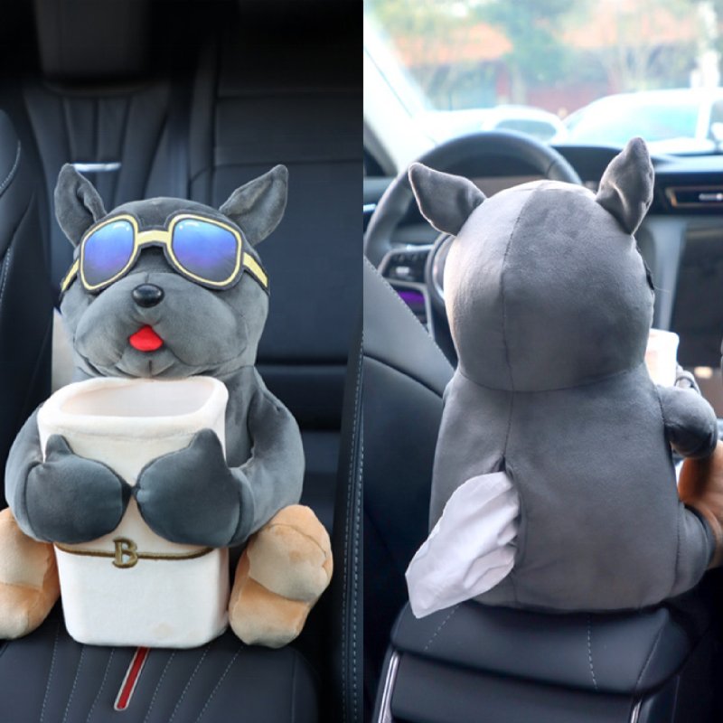 Car Mounted Tissue Box 2-in-1 Cartoon Plush Doll Auto Armrest Box Hanging Paper Drawer Storage Car Trash Can and Tissue Holder